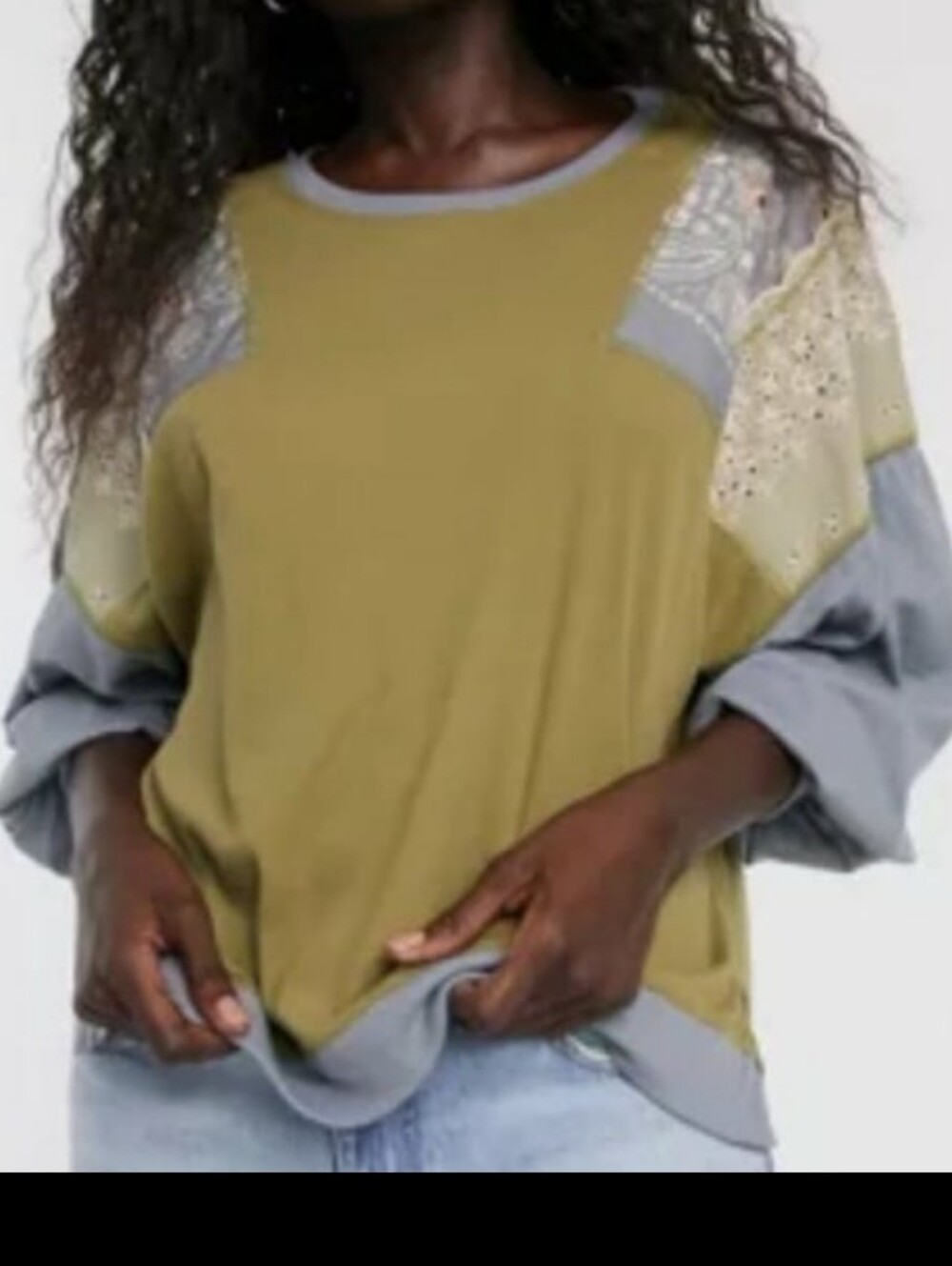Olive & Gray Women's Casual Long Sleeve Top with Lace Insets